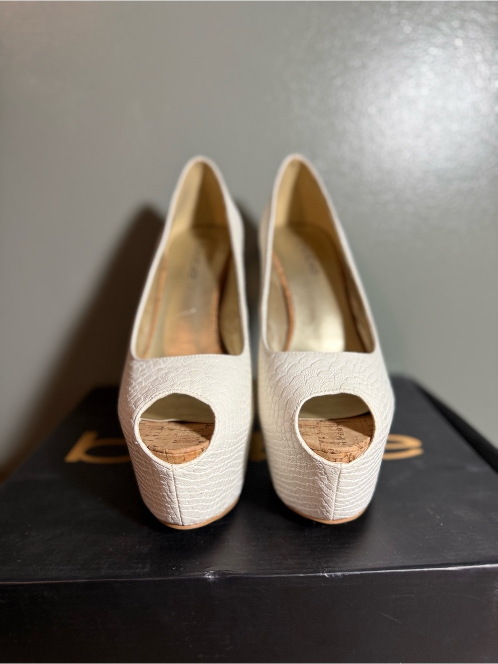 bebe Cream Textured Peep-Toe Platform Pumps
